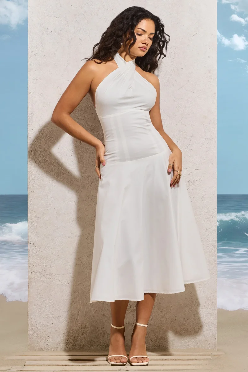Saint-Malo | Vestido Midi Blanco con Cuello Halter