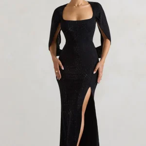 Broadway | Vestido largo de Cola de Pez Negro con Adornos y Mangas Abiertas
