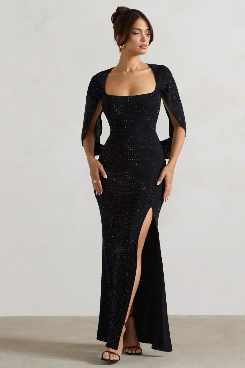 Broadway | Vestido largo de Cola de Pez Negro con Adornos y Mangas Abiertas