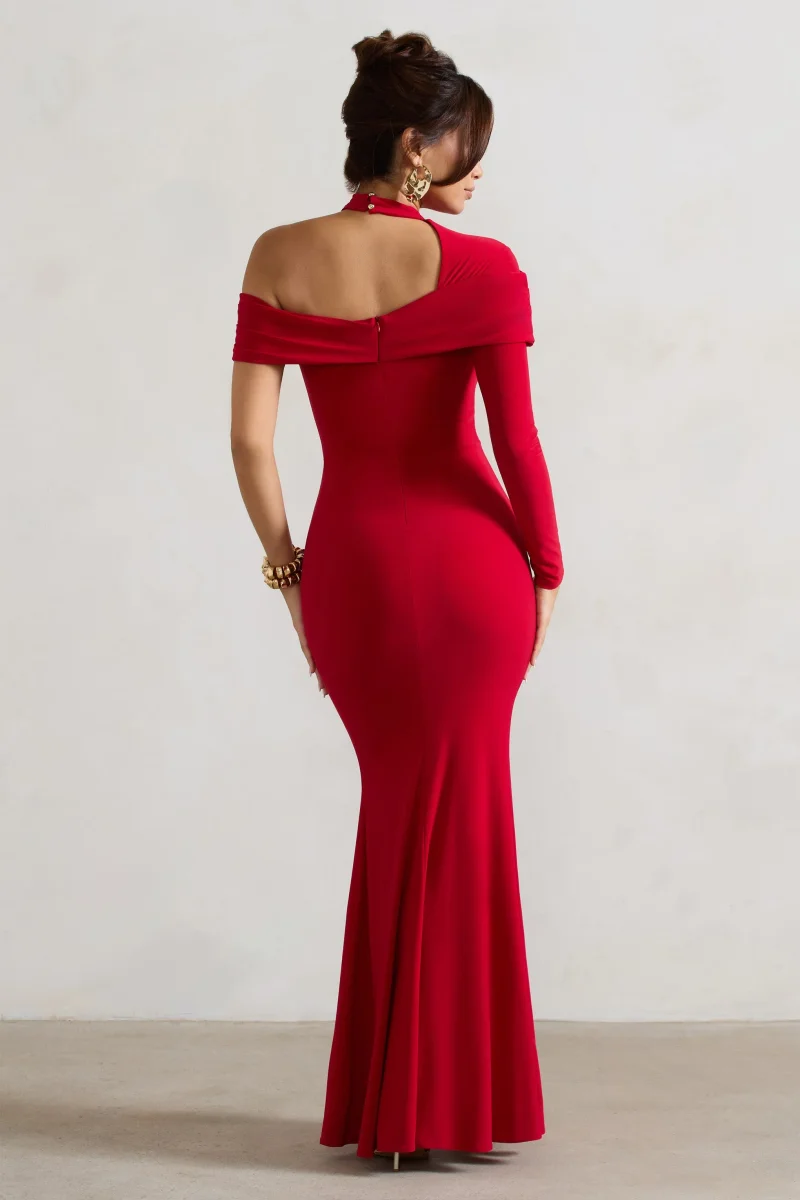 Tyla | Vestido largo asimétrico rojo con abertura y cuello alto - Imagen 3