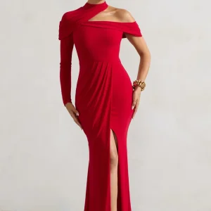 Tyla | Vestido largo asimétrico rojo con abertura y cuello alto