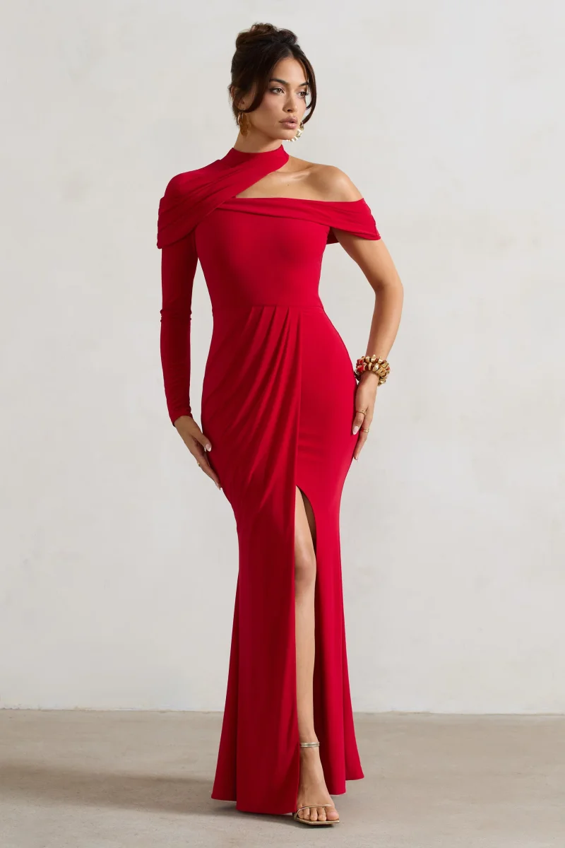 Tyla | Vestido largo asimétrico rojo con abertura y cuello alto - Imagen 2