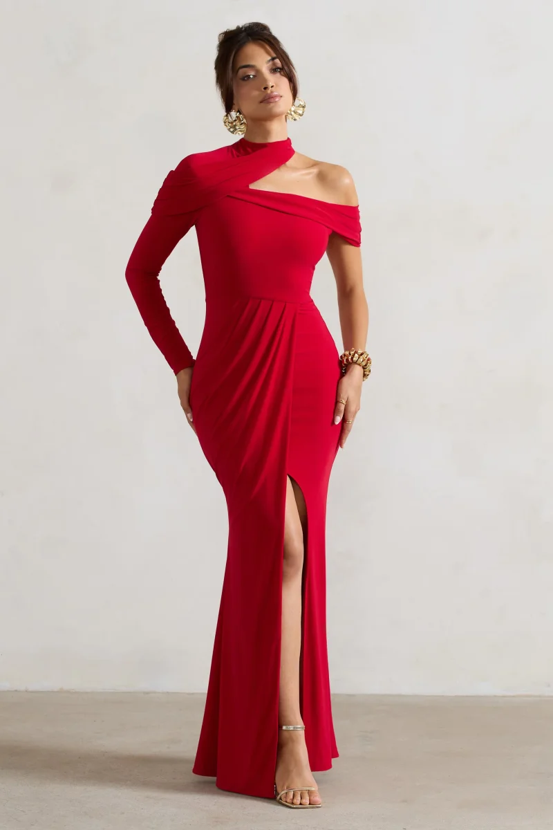 Tyla | Vestido largo asimétrico rojo con abertura y cuello alto - Imagen 5