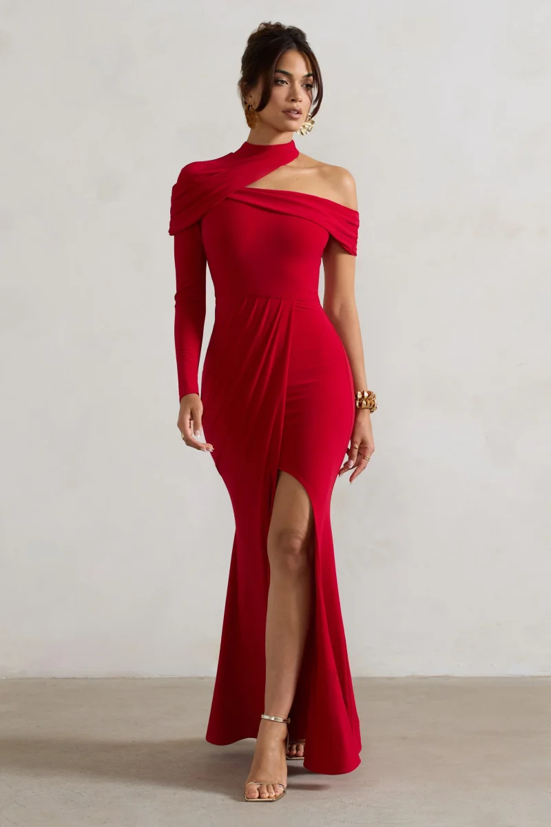 Tyla | Vestido largo asimétrico rojo con abertura y cuello alto - Imagen 6