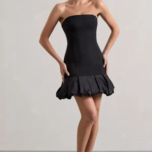 Liscia | Vestido corte con Escote Bandeau con Ribete de Volantes negro
