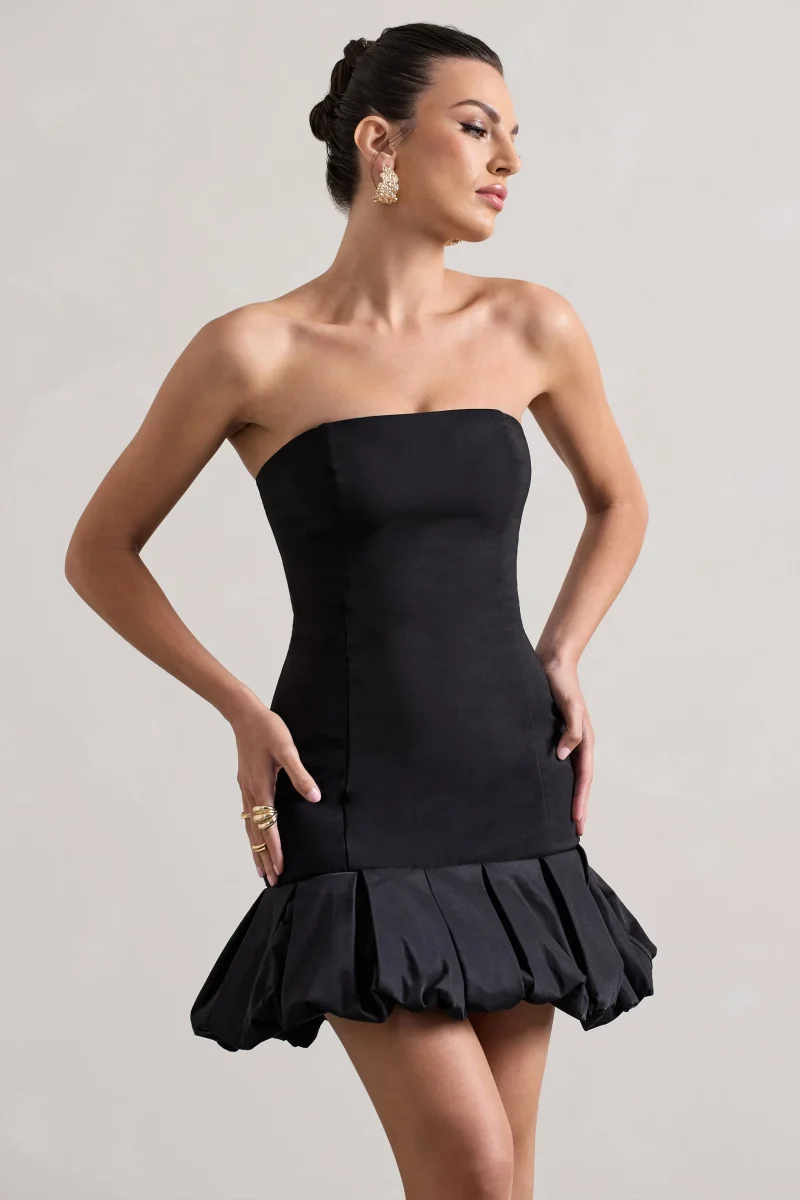 Liscia | Vestido corte con Escote Bandeau con Ribete de Volantes negro - Imagen 4