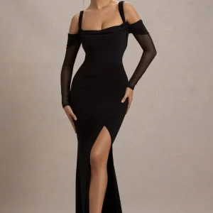 Milana | Vestido largo negro con escote cuadrado y abertura