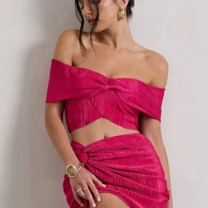 Seara | Top corto con escote bardot cruzado y plisado en rosa fucsia