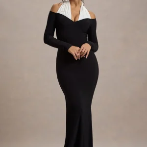 Living High | Vestido largo a Rayas Blancas y Negras con Escote Halter y Corte Alto