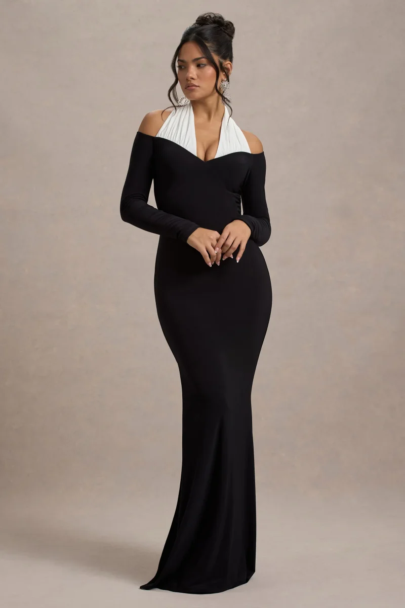 Living High | Vestido largo a Rayas Blancas y Negras con Escote Halter y Corte Alto - Imagen 2
