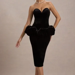 Sarifa | Vestido Midi Negro Sin Tirantes con Corset y Peplum con Volantes