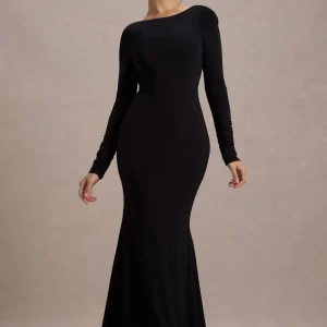 Rosalee | Vestido largo negro de manga larga con espalda descubierta con adornado de lazos