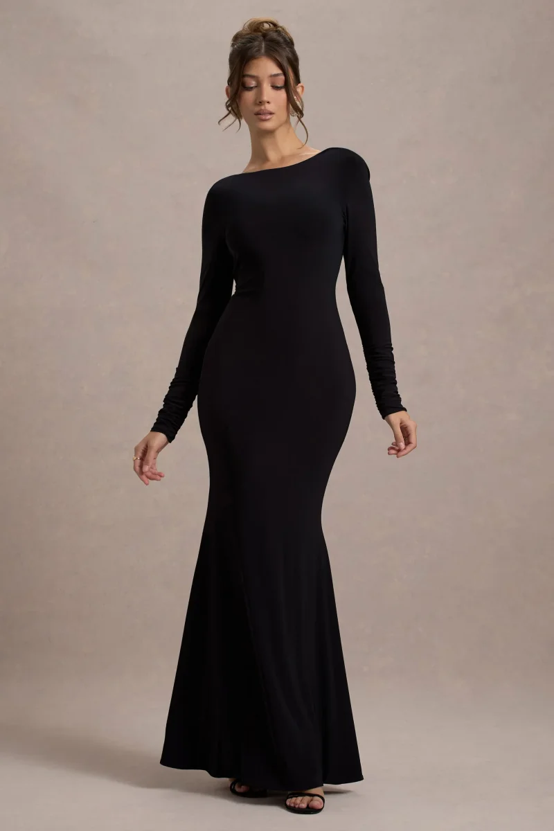 Rosalee | Vestido largo negro de manga larga con espalda descubierta con adornado de lazos