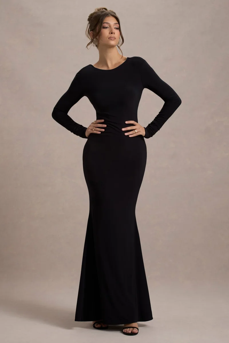 Rosalee | Vestido largo negro de manga larga con espalda descubierta con adornado de lazos - Imagen 6