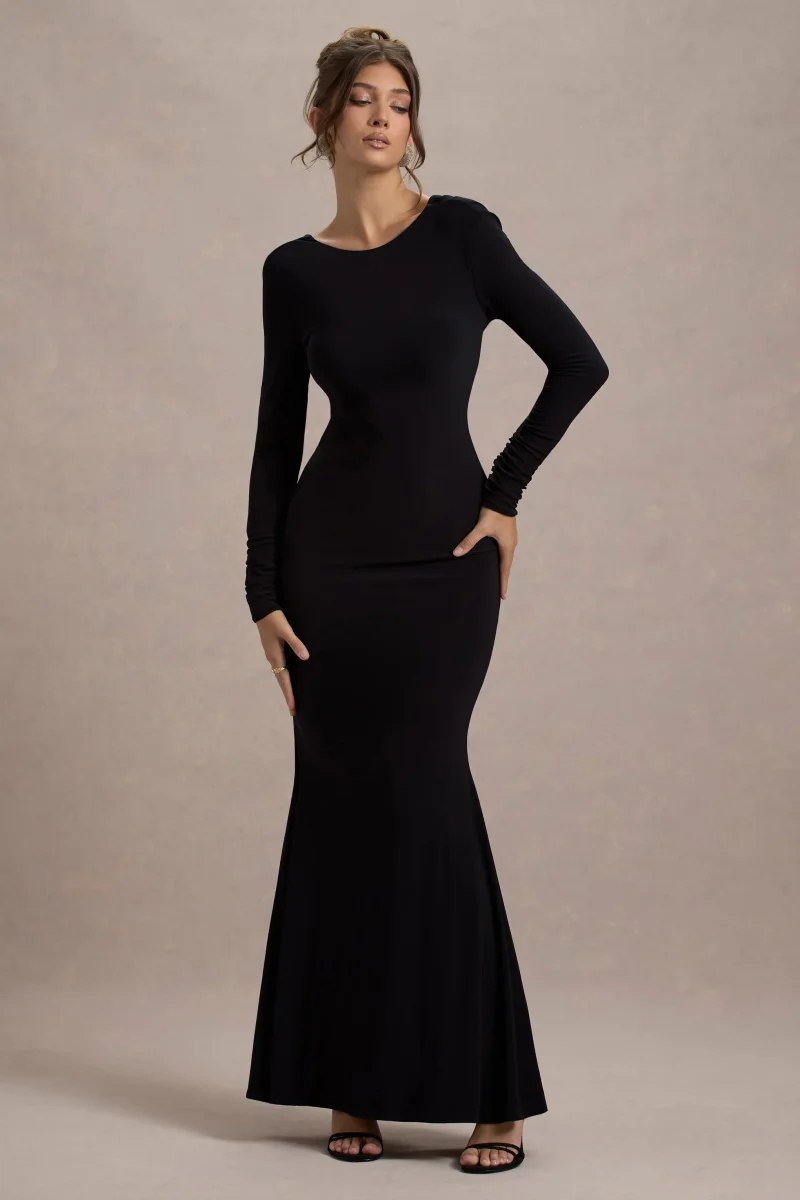 Rosalee | Vestido largo negro de manga larga con espalda descubierta con adornado de lazos - Imagen 5