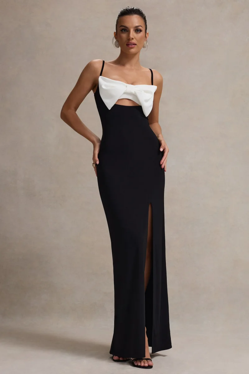 Emmalou | Vestido Largo Blanco y Negro con Abertura y Lazo - Imagen 6