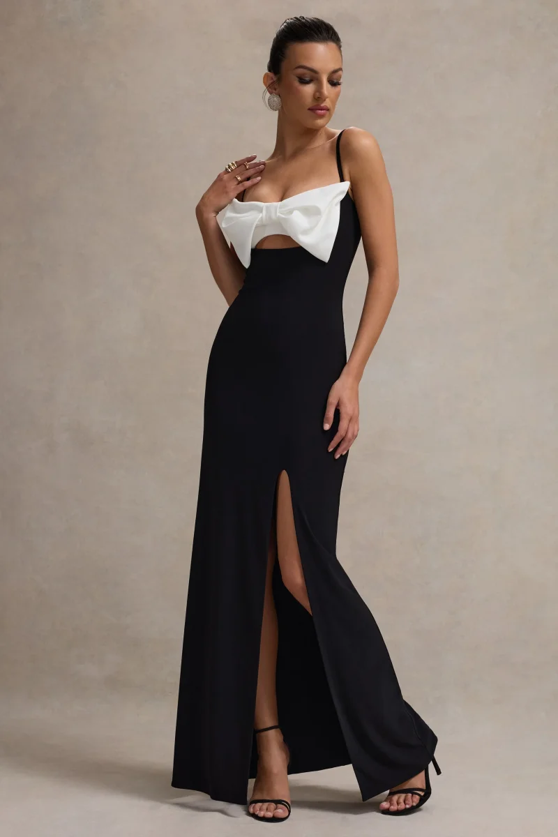 Emmalou | Vestido Largo Blanco y Negro con Abertura y Lazo - Imagen 8
