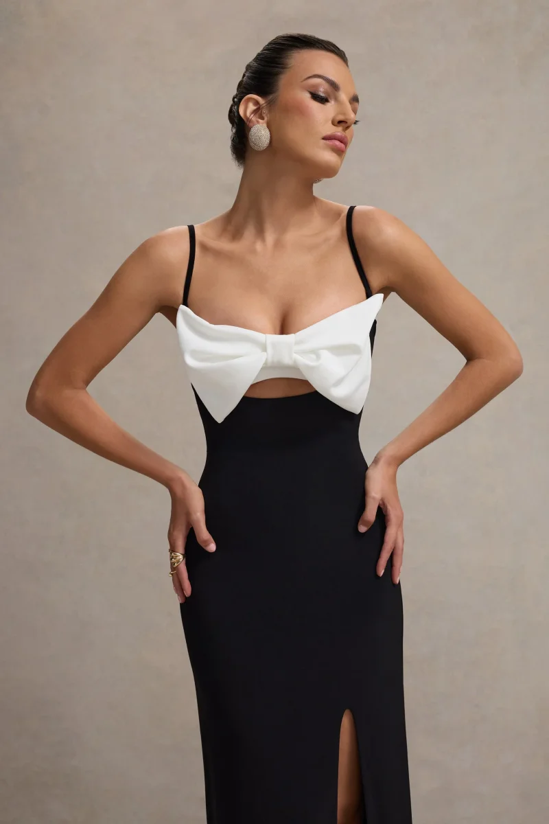 Emmalou | Vestido Largo Blanco y Negro con Abertura y Lazo - Imagen 4