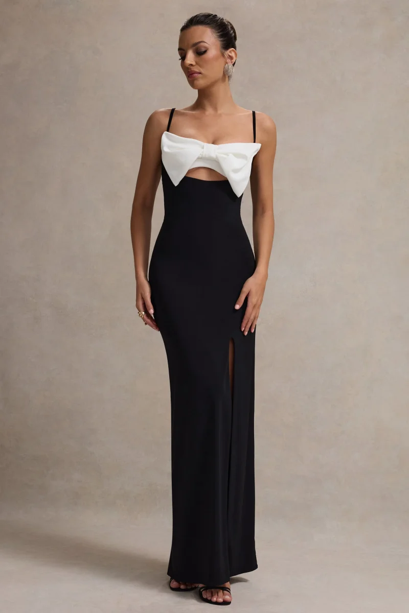 Emmalou | Vestido Largo Blanco y Negro con Abertura y Lazo - Imagen 7