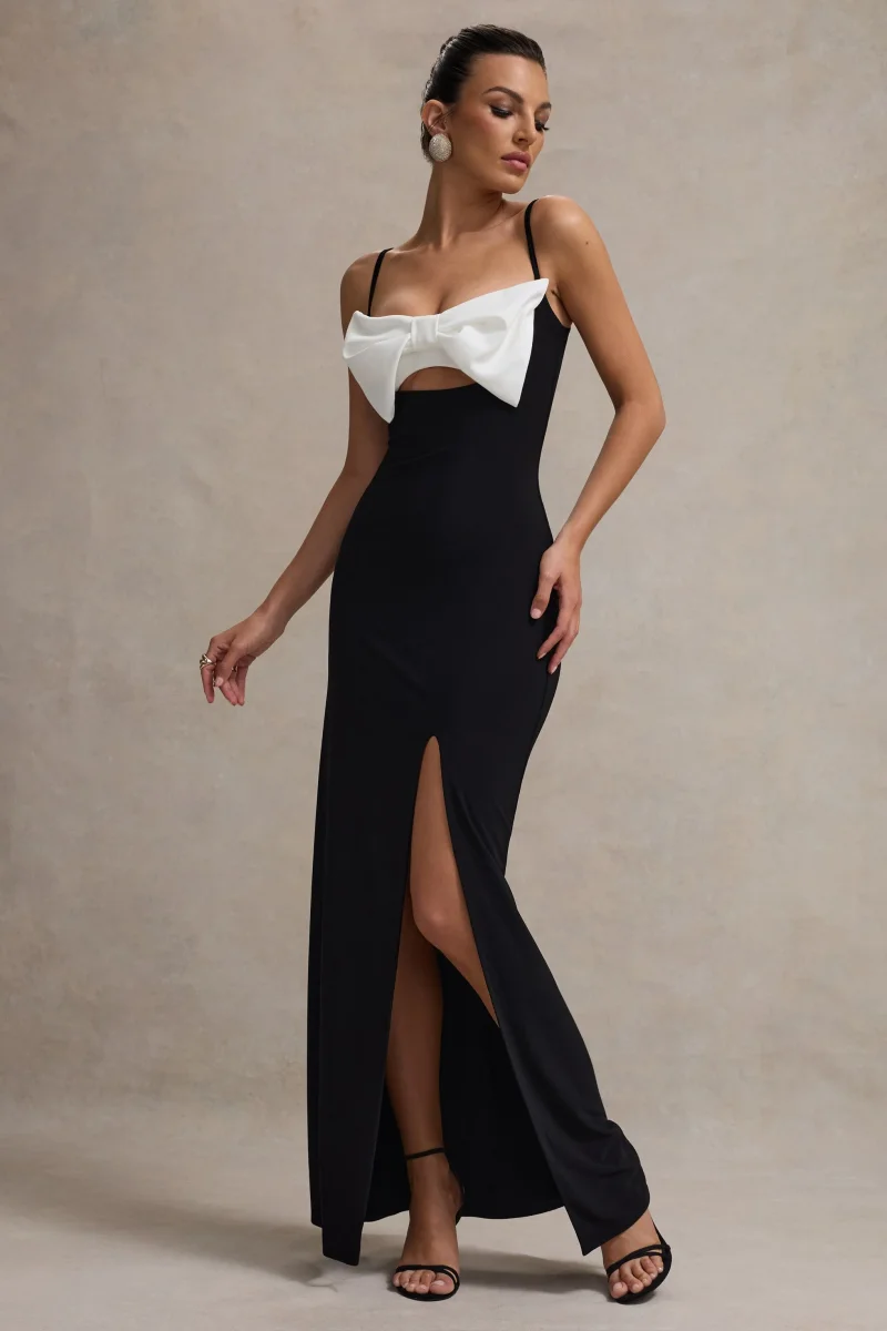 Emmalou | Vestido Largo Blanco y Negro con Abertura y Lazo - Imagen 5