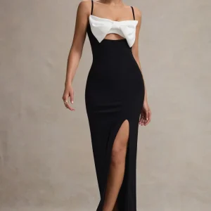 Emmalou | Vestido Largo Blanco y Negro con Abertura y Lazo