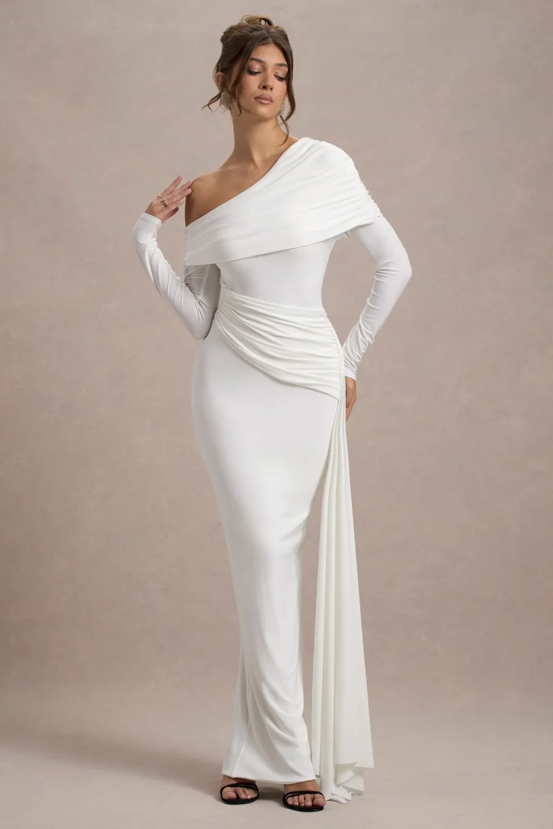 Valina | Vestido largo en Blanco con mangas largas y Drapeado lateral - Imagen 5