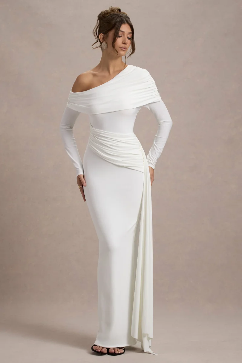 Valina | Vestido largo en Blanco con mangas largas y Drapeado lateral - Imagen 6