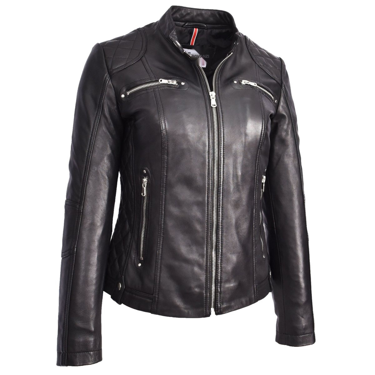 BUNERI Biker Cafe Racer Fiona de Cuero Negro Acolchada - Imagen 4