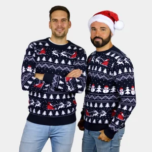 Jersey de Navidad Hombre Azul con Árboles, Muñecos y Papá Noel Algodón Orgánico