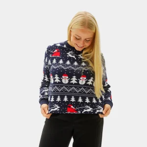Jersey de Navidad Mujer Azul con Árboles, Muñecos y Papá Noel Algodón Orgánico