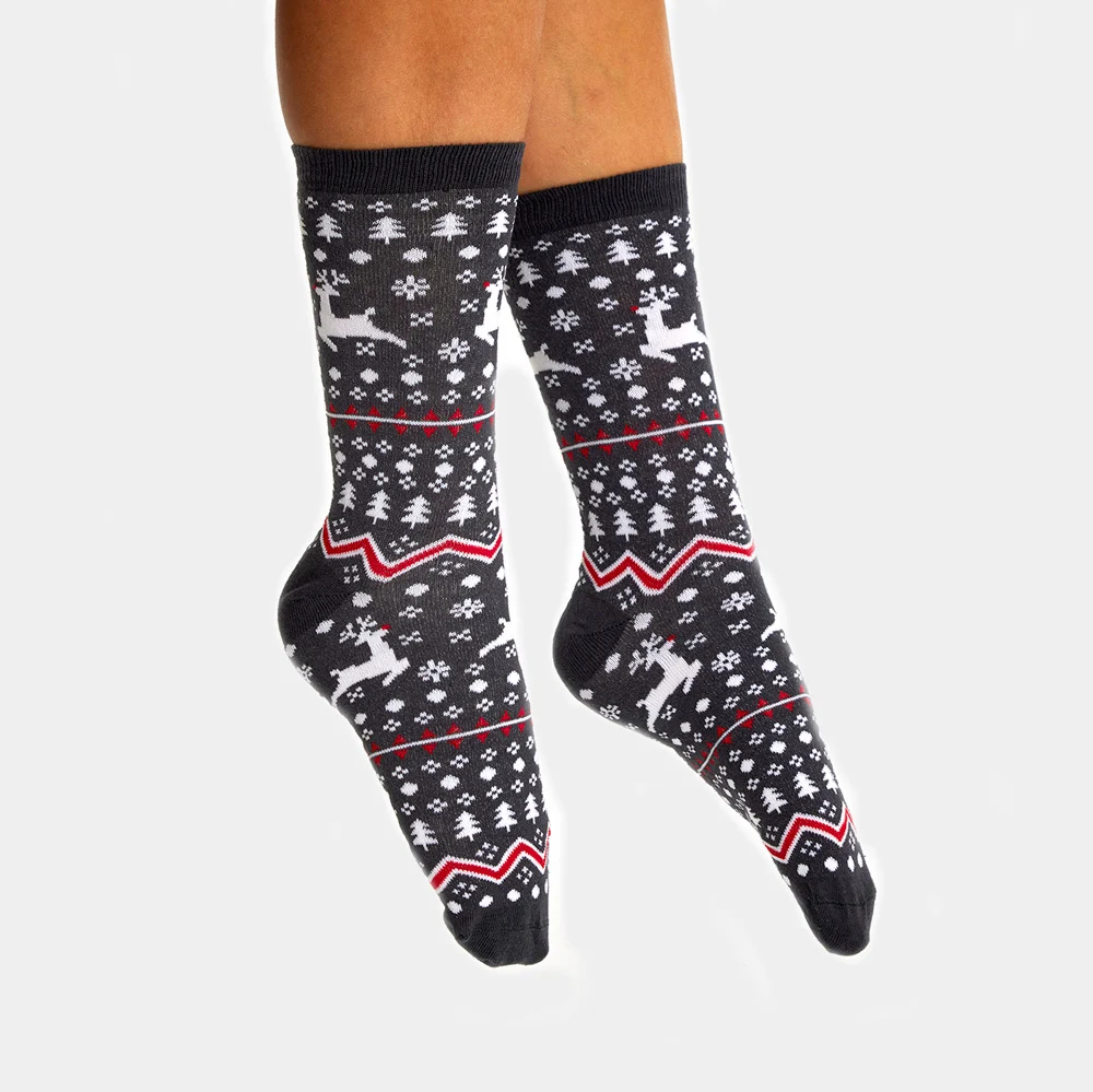 Calcetines de Navidad Unisex Grises Renos y Árboles - Imagen 3