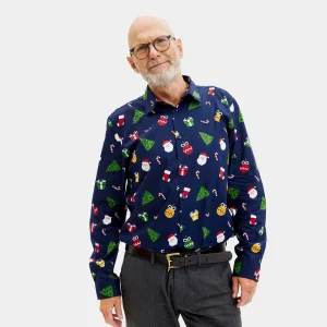 Camisa de Navidad Algodón Orgánico para Hombre Azul con Motivos Navideños