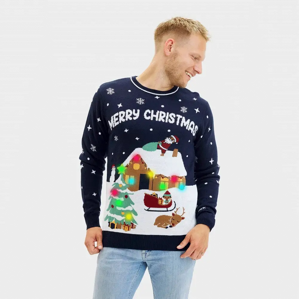 Jersey de Navidad con Luces LED para Hombre Azul Merry Christmas - Imagen 3