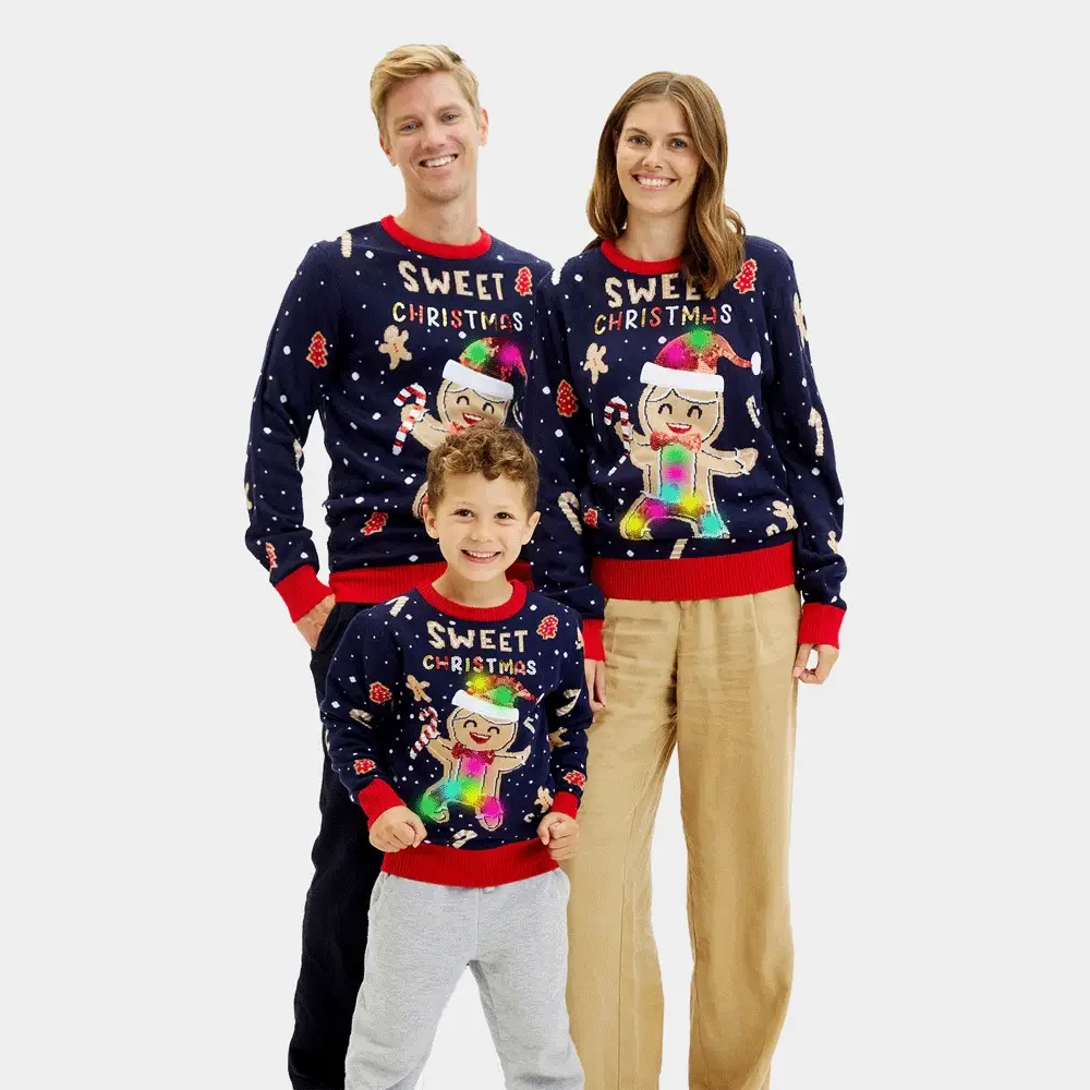 Jersey de Navidad con Luces LED para Familia Azul Ginger Cookie