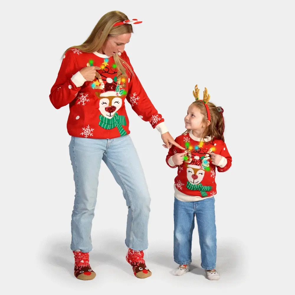 Jersey de Navidad con Luces LED para Familia Reno Brillante con Lentejuelas