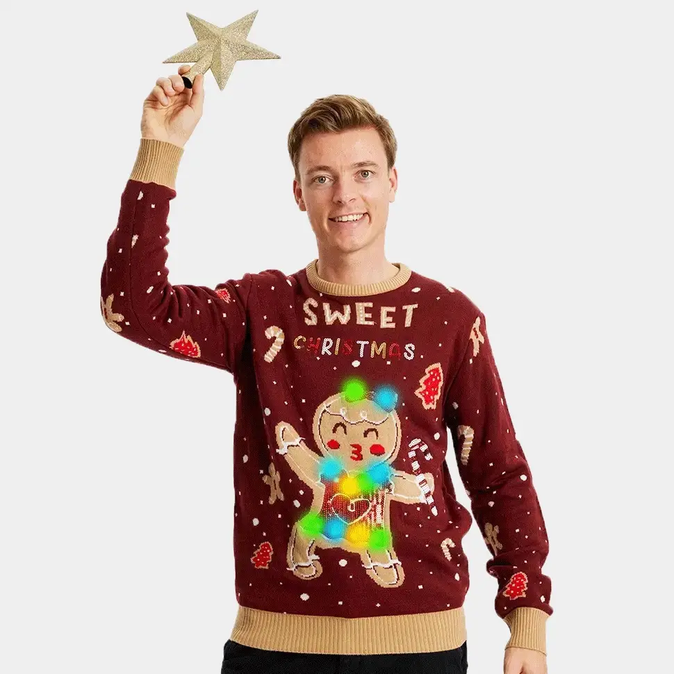 Jersey de Navidad con Luces LED para Hombre Rojo Ginger Cookie