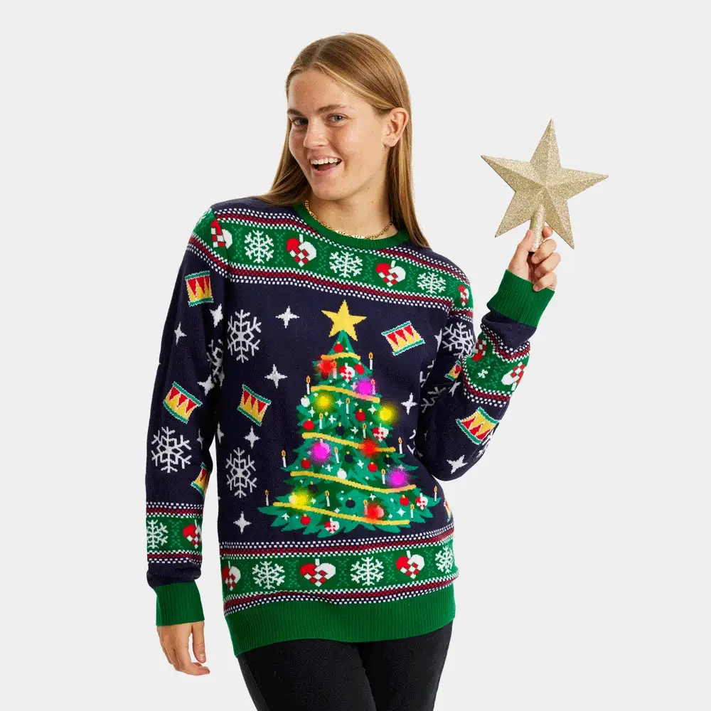 Jersey de Navidad con Luces LED para Mujer Azul con Árbol Navidad