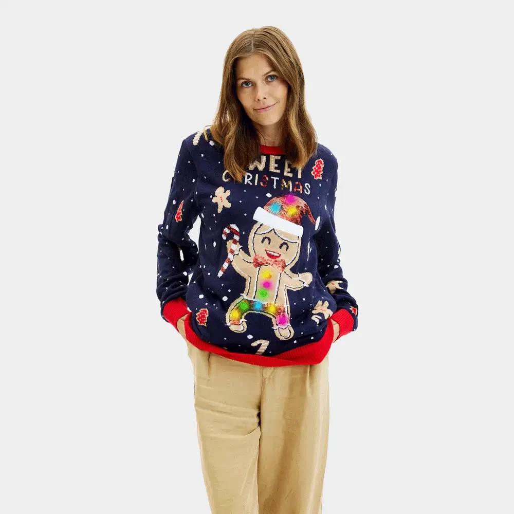 Jersey de Navidad con Luces LED para Mujer Azul Ginger Cookie - Imagen 3