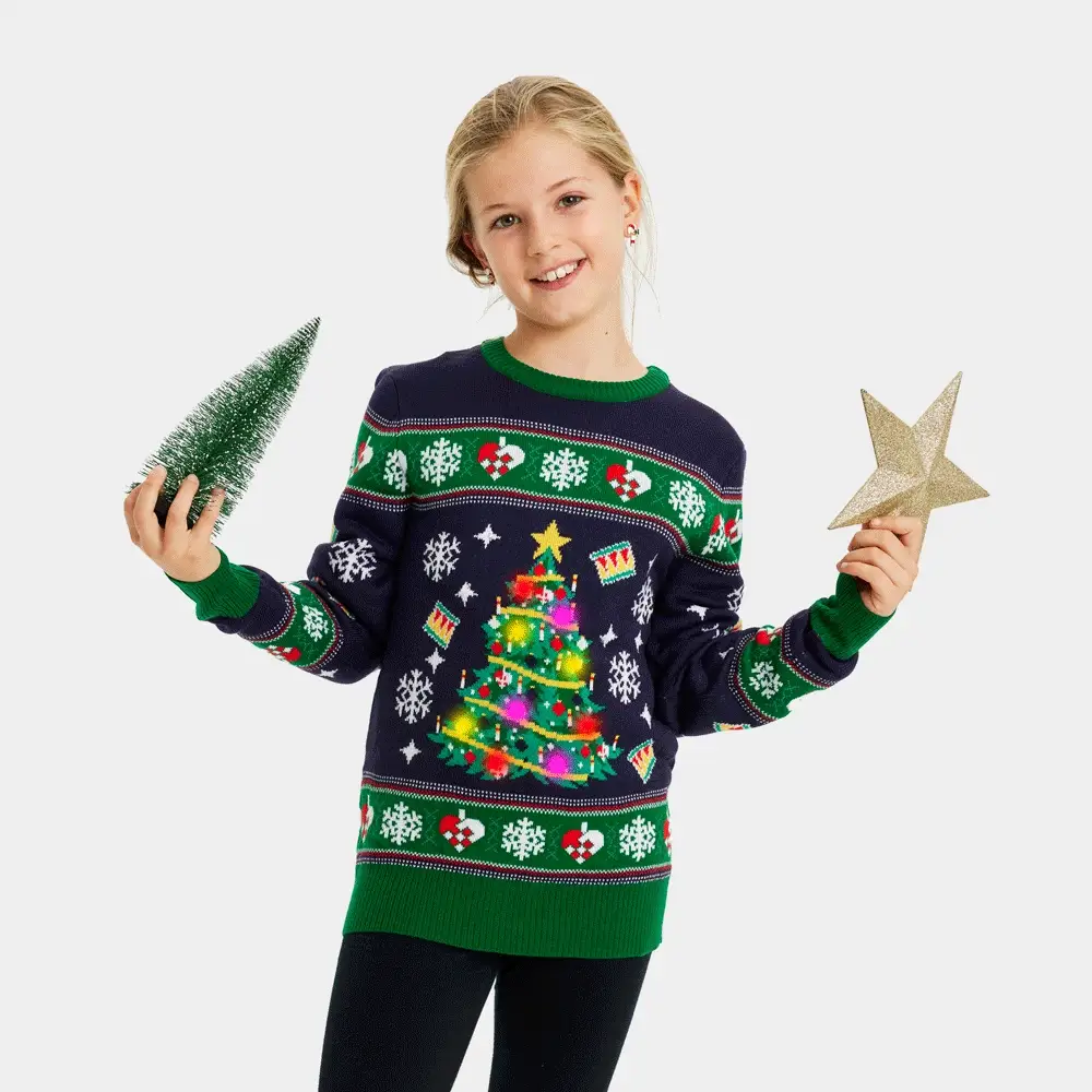 Jersey de Navidad con Luces LED Niña y Niño Azul con Árbol Navidad