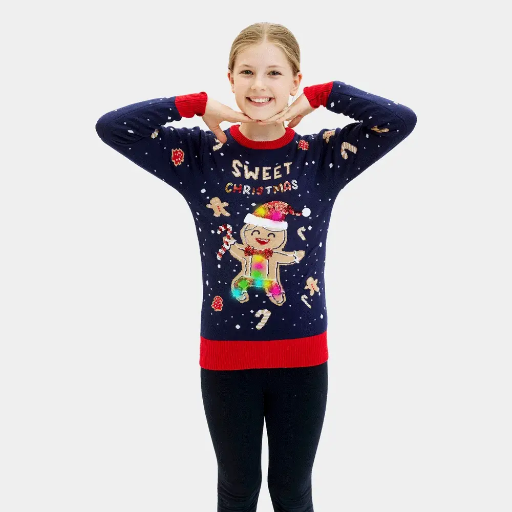 Jersey de Navidad con Luces LED Niña y Niño Azul Ginger Cookie
