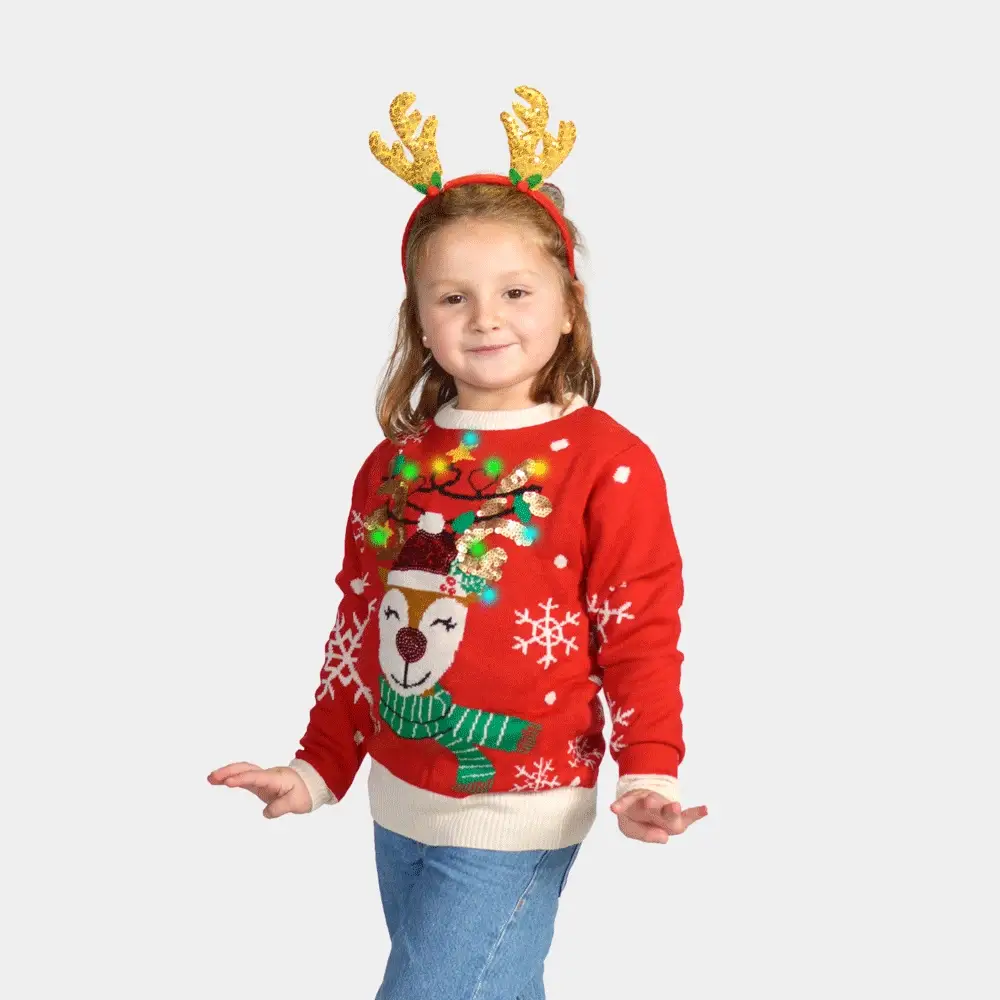 Jersey de Navidad con Luces LED para Niña y Niño Reno Brillante con Lentejuelas