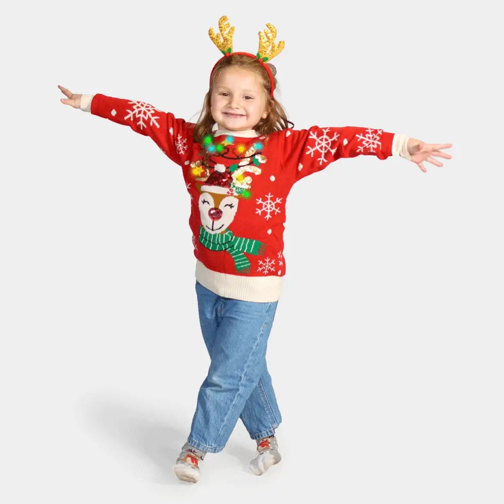 Jersey de Navidad con Luces LED para Niña y Niño Reno Brillante con Lentejuelas - Imagen 3