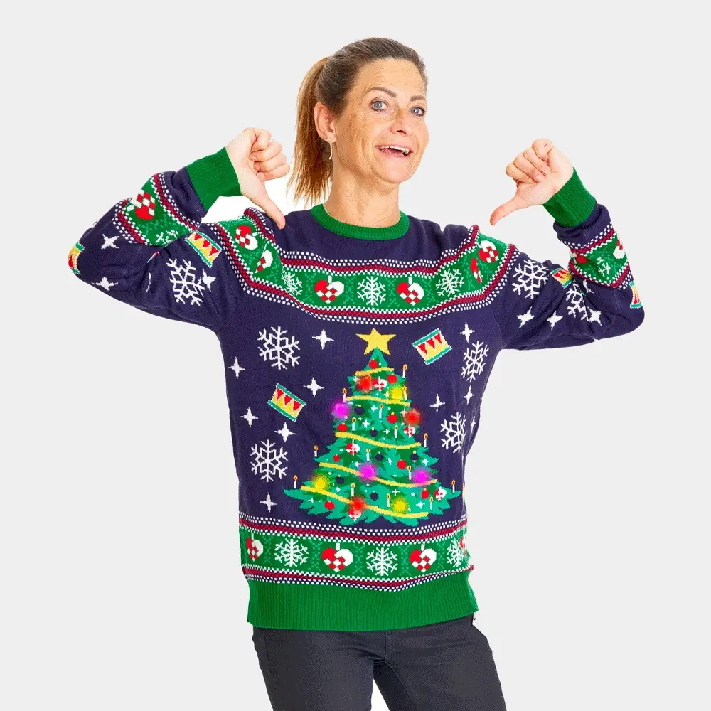 Jersey de Navidad con Luces LED para Mujer Azul con Árbol Navidad - Imagen 3