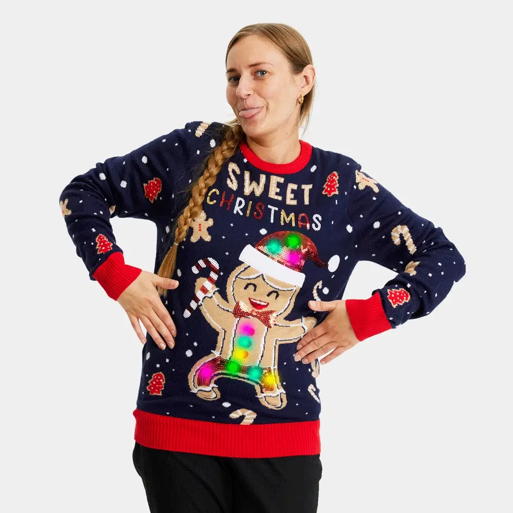 Jersey de Navidad con Luces LED para Mujer Azul Ginger Cookie - Imagen 2