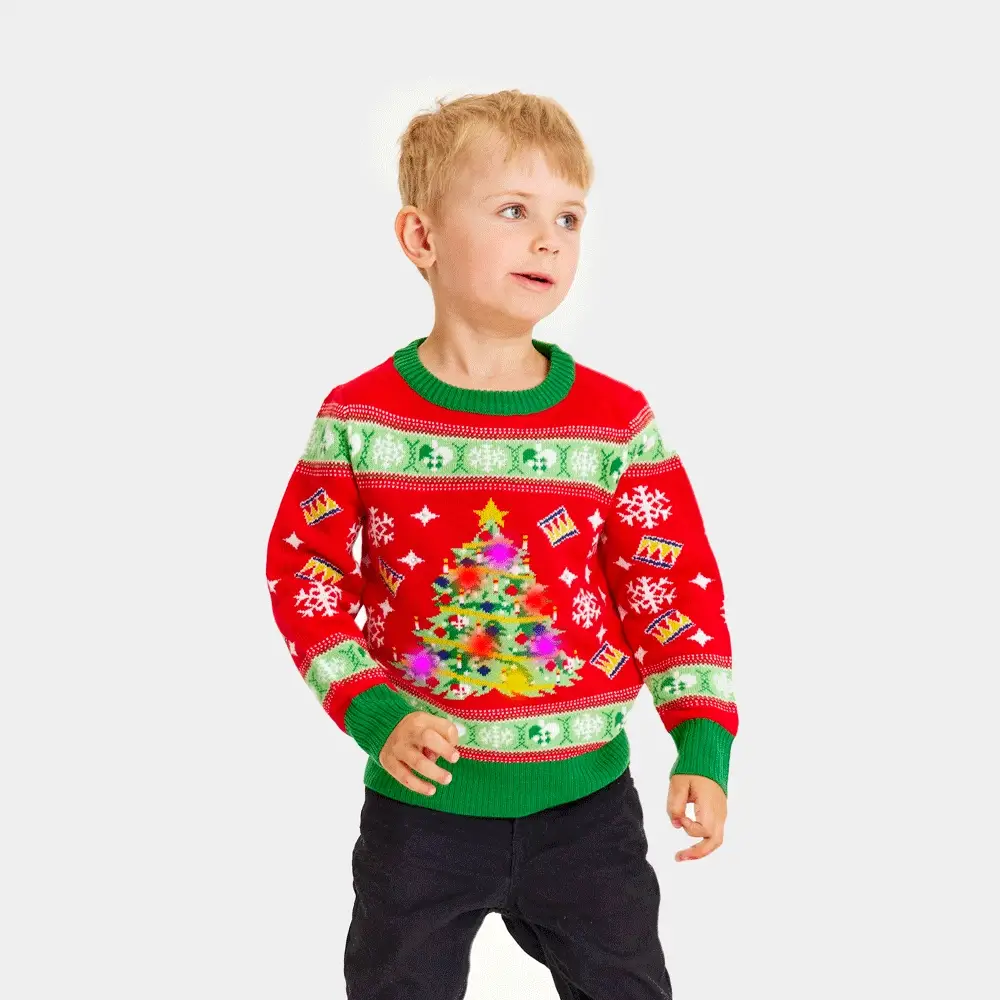 Jersey de Navidad con Luces LED para Niña y Niño Rojo Árbol Navidad
