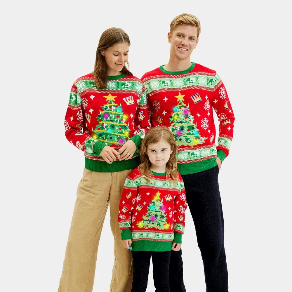 Jersey de Navidad con Luces LED para Familia Rojo con Árbol Navidad