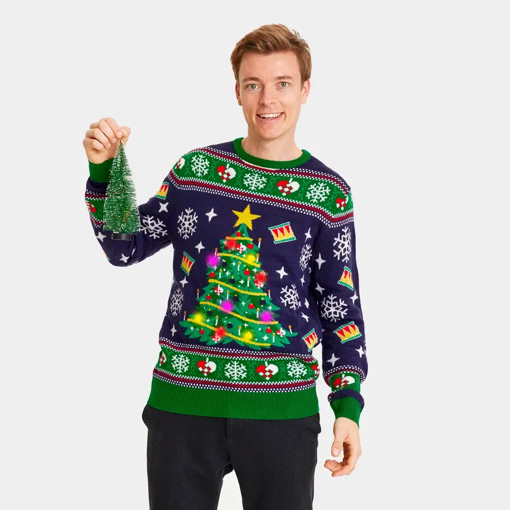 Jersey de Navidad con Luces LED Parejas Azul con Árbol Navidad - Imagen 7