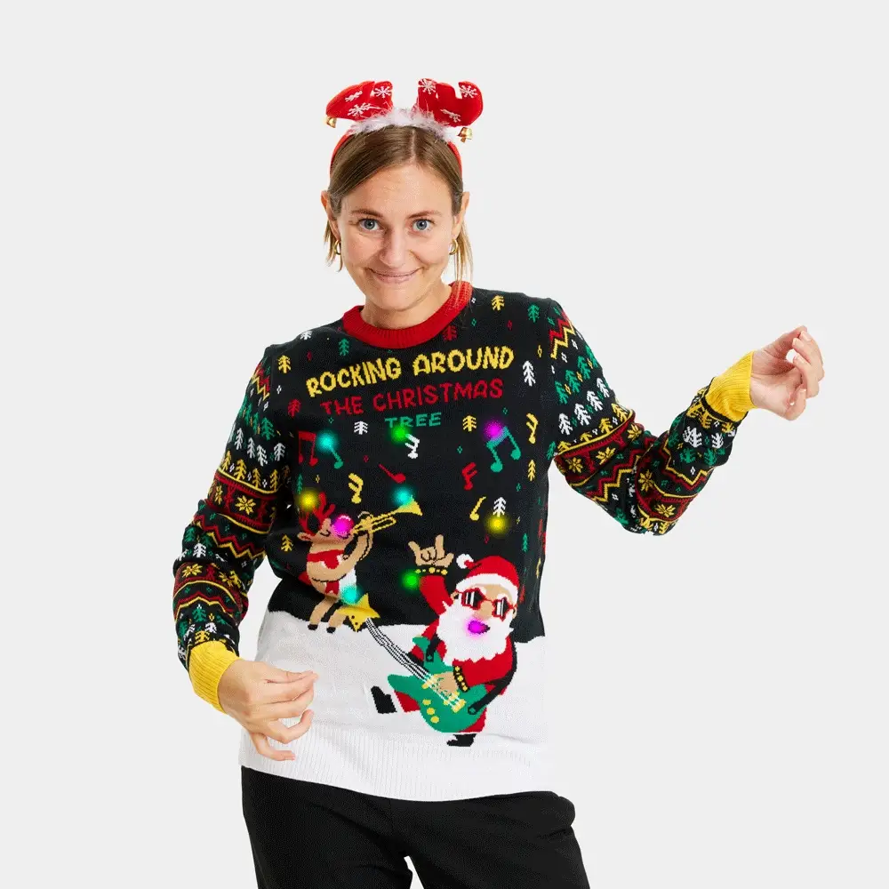 Jersey de Navidad con Luces LED Parejas Santa Rockero