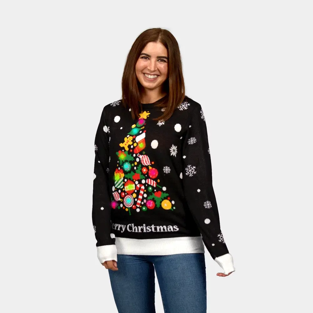 Jersey de Navidad con Luces LED Parejas Negro con Árbol de Navidad
