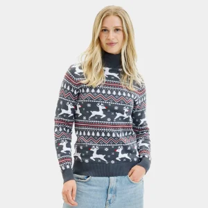 Jersey de Navidad de cuello alto Parejas Gris con Renos Algodón Orgánico